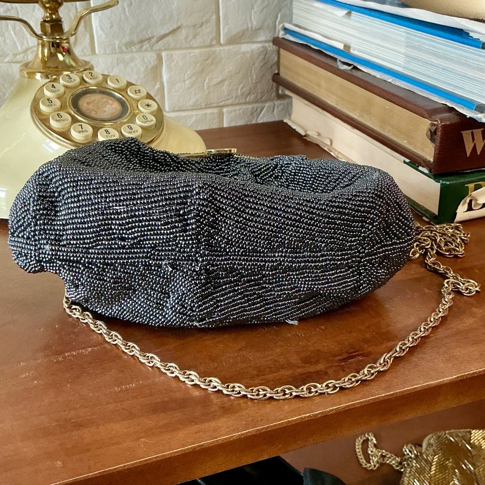 Vintage Nina Ricci Paris Pewter Beaded Evening Bag Gold-Tone Metal Clasp Frame - Picture 13 of 13